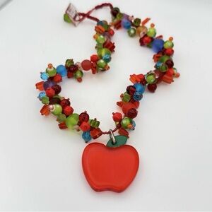 Handmade Y2K Chunky Bead Choker Necklace Red Apple Fruit Pendant Kitschy